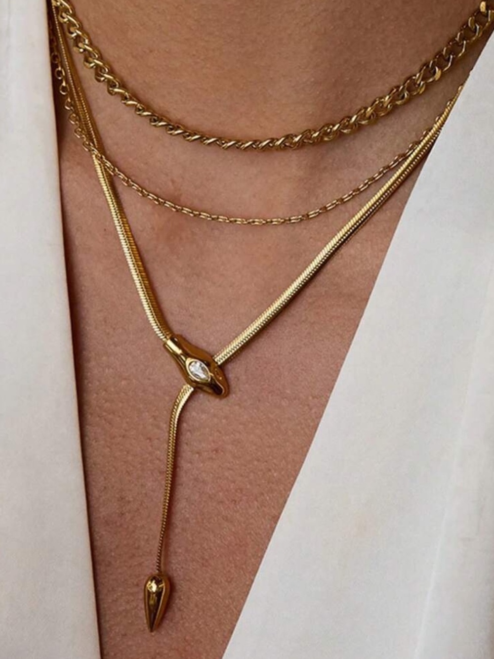 Snake Chain Gold Lariat Necklace with Pendant